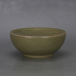 宋 越窑秘色梅子青釉雕刻花卉孔明碗 仿古瓷器旧货古玩全手工摆件