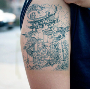 鲤鱼半壁小腿大图鲤鱼跃龙门线条纹身贴防水男持久仿真逼真割线贴
