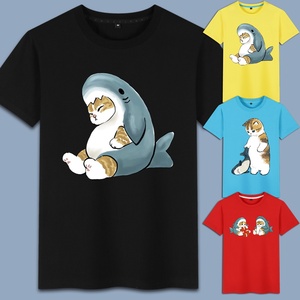 ins趣味猫咪图案衣服鲨鱼猫猫大码情侣装t恤短袖宽松男女衣服夏季