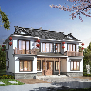 b7761二层中式风格三合院别墅图纸新农村自建房设计图两层施工图