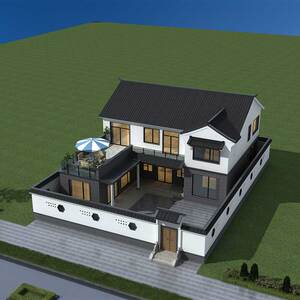 b5841二层带院子新中式别墅设计图纸大气l型四合院农村自建房设计