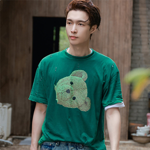 欧洲向往的生活5张艺兴同款t恤简约绿色小熊印花套头短袖上衣男女