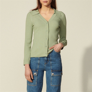 sandro veneta 新款v型翻领修身灰绿色薄款长袖打底针织开衫上衣