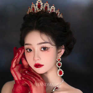 皇冠新娘头饰女高端奢华公主大气王冠结婚婚纱发饰生日红色发箍