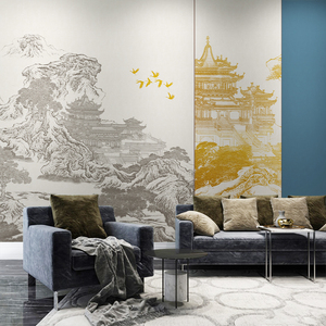 新中式大气山水阁楼书房背景墙布壁纸客厅卧室古典壁布无纺布壁画