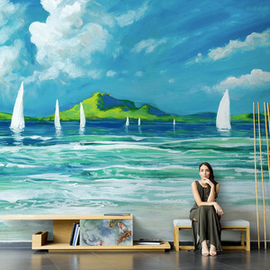 北欧抽象油画风景海景帆船唯美客厅电视背景墙纸无缝沙发壁纸壁画