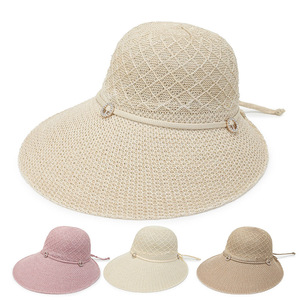 新款夏季遮阳女帽纯色宽沿针织防晒帽圆顶中老年女帽妈妈帽子草帽