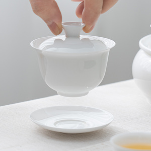 潮州 薄胎骨瓷茶具纯白 3寸三才盖碗功夫茶具 反口防烫泡茶器杯