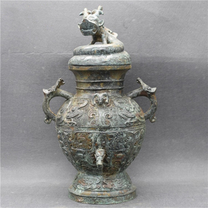 仿古青铜器摆件私人会所高档艺术品摆设古玩收藏卧龙青铜壶工艺品