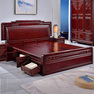 红木床1.8米双人床中式古典国色天香全实木婚床酸枝色花梨木家具