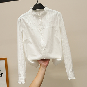 白色纯棉衬衣女长袖春季木耳立领衬衫修身显瘦上衣洋气小衫打底衫