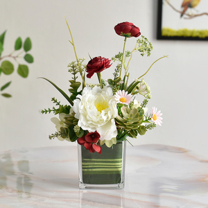 玻璃方杯仿真餐桌摆花瓶花束摆件商务会议宴会客厅茶几桌面装饰品