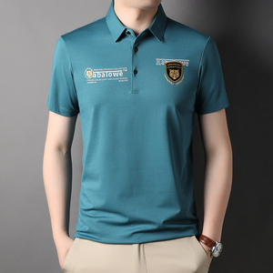 大白鲨官方旗舰店男装百斯盾夏季新款丝光棉短袖t恤宽松翻领上衣