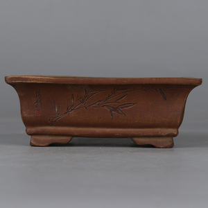 文革名家顾绍培制款宜兴紫砂雕山青水秀竹叶纹长四方小花盆微花盆