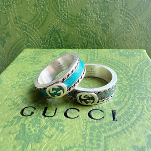 正品gucci古驰互扣式双g银戒指 古奇珐琅绿男女士时尚情侣款对戒
