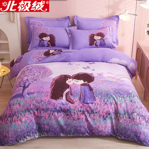 紫色薰衣草情侣纯棉磨毛四件套全棉100被套加厚床单床笠床上用品4