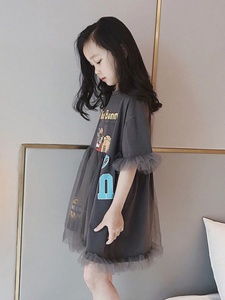 2024韩国2024夏装女童卡通连衣裙中大童宽松休闲灰色网红T恤纱裙