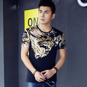 夏季中国风霸气纹身衣服涂鸦印花t恤关公龙图案加大码短袖男体恤