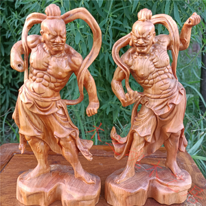 崖柏小叶黄杨木雕刻实木客厅招财左右护法哼哈二将佛像神像摆件