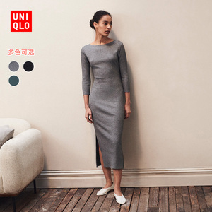 优衣库 女装 罗纹侧开叉修身连衣裙(七分袖)初秋 441144 uniqlo