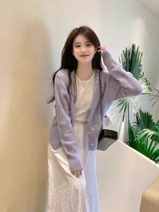紫色镂空毛衣外套女2024春夏新款韩版温柔风气质马海毛针织衫上衣