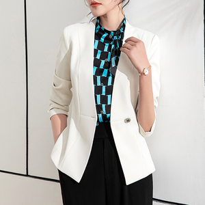 2022春季新款白色无领西装女小个子女神范修身简约气质百搭西服女