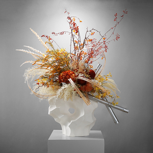 新中式现代简约手工陶瓷仿真花艺竹条架构插花酒店大堂会所摆件