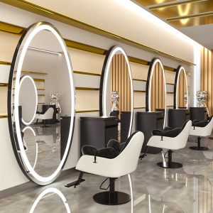 高端理发店创意美发镜台单面挂墙带led灯发廊剪发服装店试衣镜子