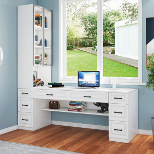 现代家用双人学习办公飘窗书柜一体电脑桌写字台组合简约书架书台