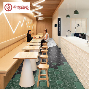 中银 时尚墨绿六角砖餐厅奶茶店厨房六边型瓷砖厕所墙砖阳台地砖