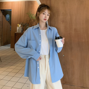 天蓝色开衫衬衣女