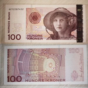 全新unc老版2006年挪威100克朗纸币 全息版