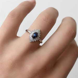 天然猫眼蓝宝石戒指女白铜托可调节时尚百搭潮人日韩简约水晶饰品