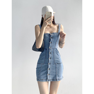 欧美风ins复古牛仔连衣裙女春显瘦背带裙性感收腰吊带包臀短裙潮