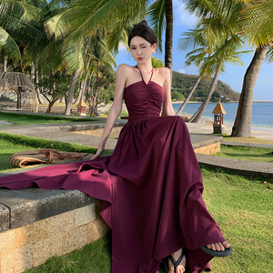 紫色抹胸挂脖无袖连衣裙修身显瘦长款海边度假氛围感泰国沙滩长裙