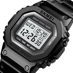 情侣腕表男士钢带手表防水夜光闹钟倒计时抖音时尚方形金属电子表