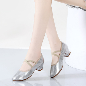 舞蹈鞋女带跟银色