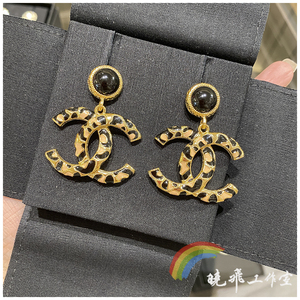 正品 chanel香奈儿耳环 22p新款金色黑色豹纹双c吊坠耳钉