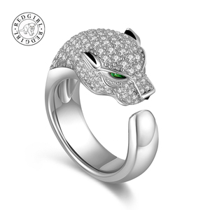 男女款银s925镀18K白金钻石豹子头戒指老虎头莫桑石情侣对戒指环