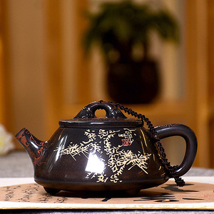 建水紫陶壶名家向炳成微雕纯手工高级复古风茶壶家用大号泡茶壶