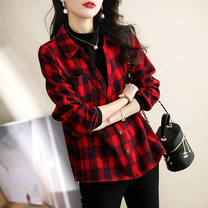 红色格子衬衫女2022年新款洋气拼接长袖上衣本命年时尚打底衬衣