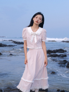 迷路森林小众设计 沁粉 少女感甜美粉色花朵套装长裙2023夏季新品