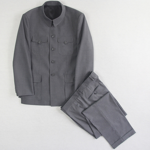灰色中老年中山装套装量身订做 夏季翻领民族服演出服大码定制