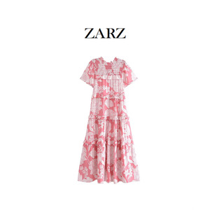 ZARZ自制 欧美风 新款女装 ins春夏 粉色人棉水印花松紧连衣裙女