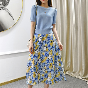 小香风针织衫女夏轻熟风时尚套装裙碎花雪纺半身裙洋气减龄两件套