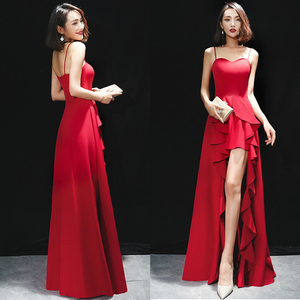 红色连衣裙新款高贵优雅气质名媛性感吊带裙宴会修身长款晚礼服女