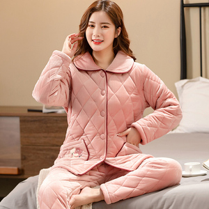 冬装女装三层加厚加绒珊瑚绒夹棉睡衣法兰绒保暖单件上衣家居服