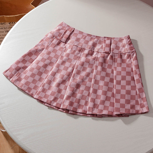 复古格子裙半身粉色