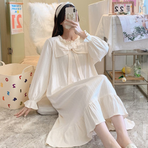 蝴蝶结纯棉睡裙女生睡衣春夏长袖白色连衣裙加长款过膝宽松荷叶边