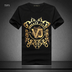 夏季时尚美杜莎短袖t恤男装冰丝烫金钻圆领纯棉休闲修身印花半袖